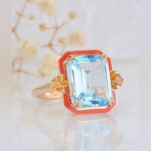 Fashion Blue Gemstone & Citrine Ring. Gold Tons Size 7